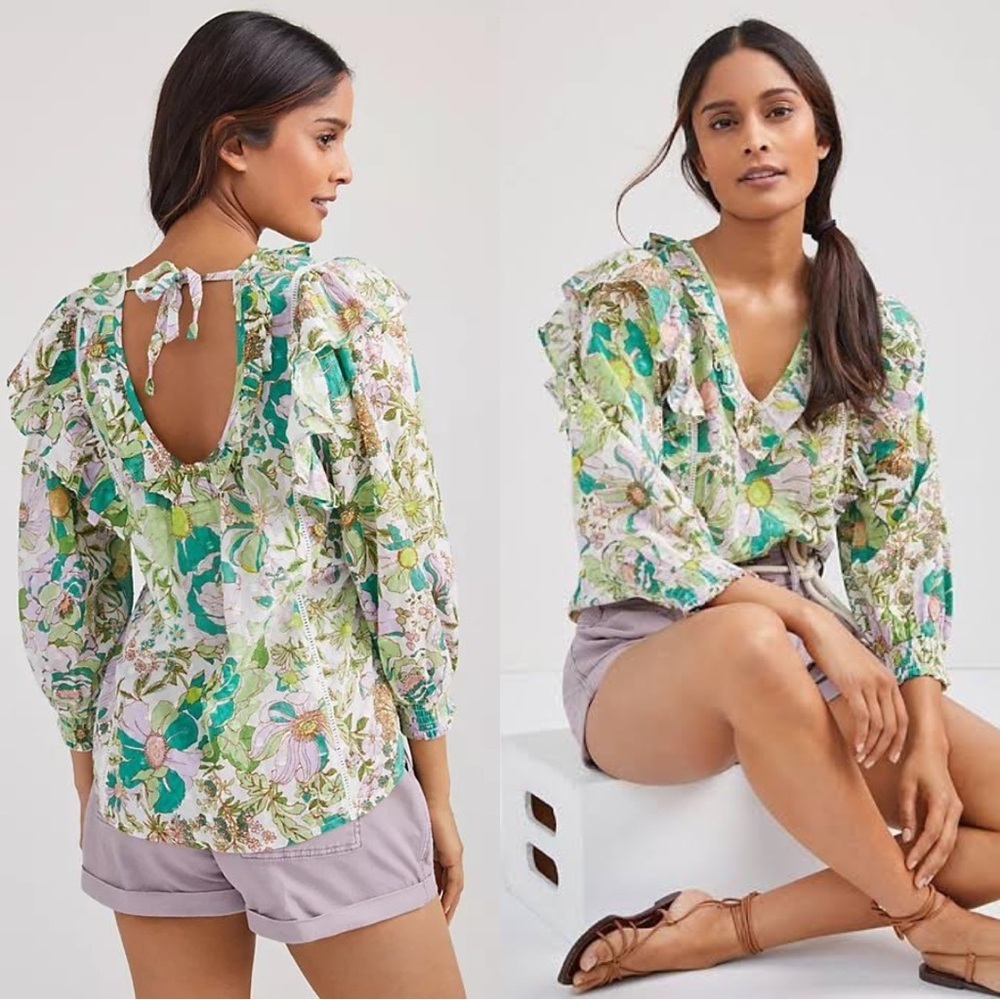 Anthropologie Ruffle Floral Print Blouse